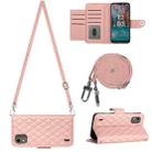 For Nokia C12 Rhombic Texture Flip Leather Phone Case with Long Lanyard(Coral Pink) - 1