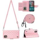 For Nokia C12 Rhombic Texture Flip Leather Phone Case with Long Lanyard(Pink) - 1