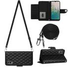 For Nokia C32 Rhombic Texture Flip Leather Phone Case with Long Lanyard(Black) - 1