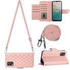 For Nokia C32 Rhombic Texture Flip Leather Phone Case with Long Lanyard(Coral Pink) - 1