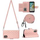 For Nokia C02 Rhombic Texture Flip Leather Phone Case with Long Lanyard(Coral Pink) - 1