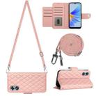 For OPPO A17 Rhombic Texture Flip Leather Phone Case with Long Lanyard(Coral Pink) - 1