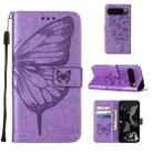 For Google Pixel 9 Pro Embossed Butterfly Leather Phone Case(Purple) - 1