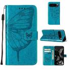 For Google Pixel 9 Pro Embossed Butterfly Leather Phone Case(Blue) - 1