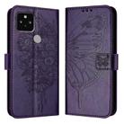 For Google Pixel 5 Embossed Butterfly Leather Phone Case(Dark Purple) - 1