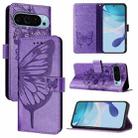 For Google Pixel 9 Pro XL Embossed Butterfly Leather Phone Case(Purple) - 1