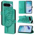 For Google Pixel 9 Pro XL Embossed Butterfly Leather Phone Case(Green) - 1