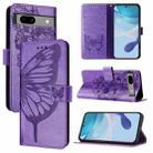 For Google Pixel 7a Embossed Butterfly Leather Phone Case(Purple) - 1