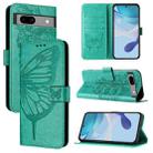 For Google Pixel 7a Embossed Butterfly Leather Phone Case(Green) - 1