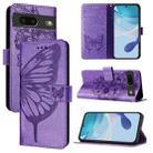 For Google Pixel 7 Embossed Butterfly Leather Phone Case(Purple) - 1