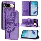 For Google Pixel 8 Embossed Butterfly Leather Phone Case(Purple) - 1