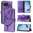 For Google Pixel 9a Embossed Butterfly Leather Phone Case(Purple) - 1