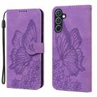 For Samsung Galaxy A36 5G Retro Skin Feel Butterflies Embossing Horizontal Flip Leather Phone Case(Purple) - 1