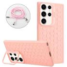 For Samsung Galaxy S23 Ultra 5G Honeycomb Radiating Lens Holder Magsafe Phone Case with Lanyard(Pink) - 1