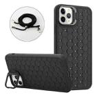 For iPhone 15 Pro Honeycomb Radiating Lens Holder Magsafe Phone Case with Lanyard(Black) - 1