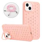 For iPhone 15 Plus Honeycomb Radiating Lens Holder Magsafe Phone Case with Lanyard(Pink) - 1