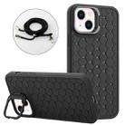 For iPhone 15 Honeycomb Radiating Lens Holder Magsafe Phone Case with Lanyard(Black) - 1