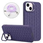 For iPhone 15 Honeycomb Radiating Lens Holder Magsafe Phone Case with Lanyard(Purple) - 1
