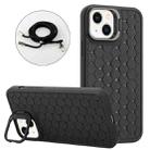 For iPhone 14 Honeycomb Radiating Lens Holder Magsafe Phone Case with Lanyard(Black) - 1