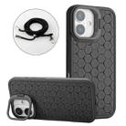 For iPhone 16 Plus Honeycomb Radiating Lens Holder Magsafe Phone Case with Lanyard(Black) - 1