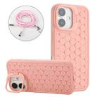 For iPhone 16 Plus Honeycomb Radiating Lens Holder Magsafe Phone Case with Lanyard(Pink) - 1