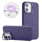 For iPhone 16 Plus Honeycomb Radiating Lens Holder Magsafe Phone Case with Lanyard(Purple) - 1