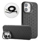 For iPhone 16 Honeycomb Radiating Lens Holder Magsafe Phone Case with Lanyard(Black) - 1