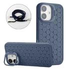 For iPhone 16 Honeycomb Radiating Lens Holder Magsafe Phone Case with Lanyard(Blue) - 1