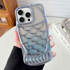 For iPhone 15 Pro Mermaid Shape Glitter Paper Embossed Electroplated TPU Phone Case(Blue) - 1