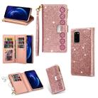 For Samsung Galaxy S20 Multi-card Slots Starry Sky Laser Carving Glitter Zipper Horizontal Flip Leather Case with Holder & Wallet & Lanyard(Rose Gold) - 1