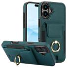 For iPhone 16 Elastic Card Bag Ring Holder Phone Case(Dark Green) - 1