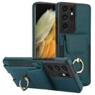 For Samsung Galaxy S21 Ultra 5G Elastic Card Bag Ring Holder Phone Case(Dark Green) - 1