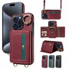 For iPhone 15 Pro Crossbodys Card Bag Ring Holder Leather Phone Case(Red) - 1