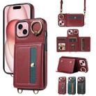 For iPhone 15 Plus Crossbodys Card Bag Ring Holder Leather Phone Case(Red) - 1