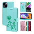 For iPhone 15 Rose Embossed Flip PU Leather Phone Case(Green) - 1