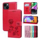 For iPhone 15 Rose Embossed Flip PU Leather Phone Case(Red) - 1