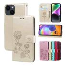 For iPhone 15 Plus Rose Embossed Flip PU Leather Phone Case(Gold) - 1
