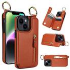 For iPhone 14 Plus Litchi Texture Zipper Double Buckle Card Bag Phone Case(Brown) - 1