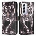 For OPPO Reno12 Global Colored Drawing Pattern Plain Weave Leather Phone Case(Black And White Tiger) - 2