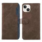For iPhone 14 Plus ABEEL Color Block Magnetic RFID Leather Phone Case(Brown-Blue) - 1