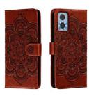 For Motorola Moto E22 Sun Mandala Embossing Pattern Phone Leather Case(Brown) - 1