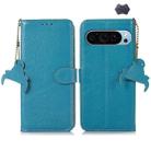 For Google Pixel 9 Genuine Leather Litchi Texture RFID Leather Phone Case(Blue) - 1