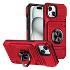 For iPhone 15 TPU+PC Shockproof Card Phone Case with Metal Ring Holder(Red) - 1