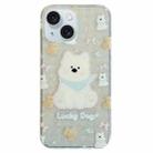 For iPhone 15 Double Sided IMD Full Coverage TPU Phone Case(Blue Scarf Puppy) - 1