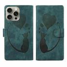 For iPhone 15 Pro Pen Heart Cat Embossed Leather Phone Case(Green) - 1