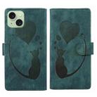 For iPhone 15 Plus Pen Heart Cat Embossed Leather Phone Case(Green) - 1