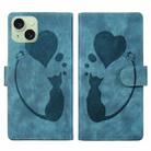 For iPhone 15 Plus Pen Heart Cat Embossed Leather Phone Case(Blue) - 1