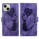 For iPhone 15 Pen Heart Cat Embossed Leather Phone Case(Purple) - 1