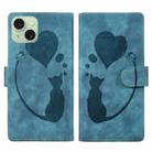 For iPhone 15 Pen Heart Cat Embossed Leather Phone Case(Blue) - 1