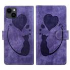 For iPhone 14 Plus Pen Heart Cat Embossed Leather Phone Case(Purple) - 1